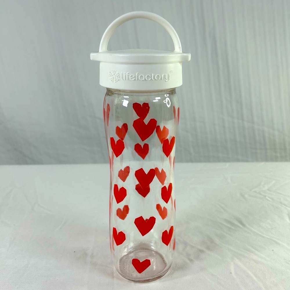 Lifefactory 16oz Red Hearts Tru Luv Glass Bottle w Easy Carry Cap NO Sleeve